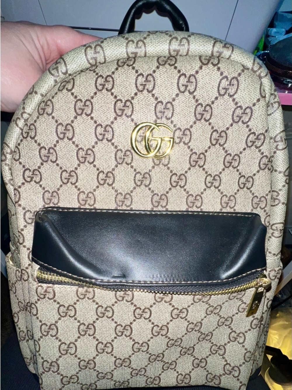 inspired small Beige GG Canvas Backpack with Black Leather Pocket